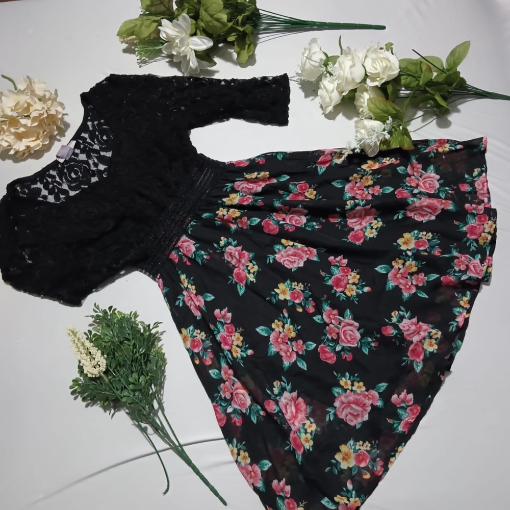 Floral Black Dress with Lace Top